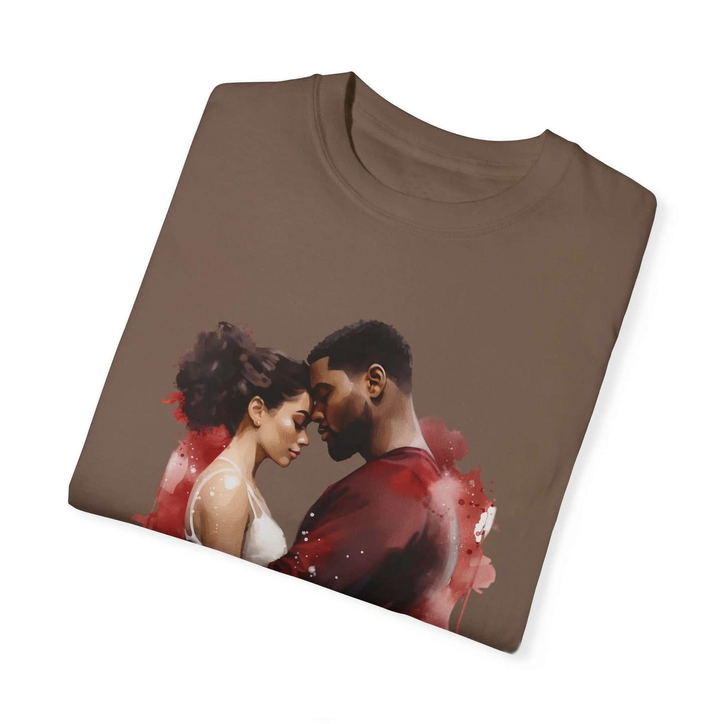 Folded brown t-shirt with romantic couple illustration, stylish gift idea