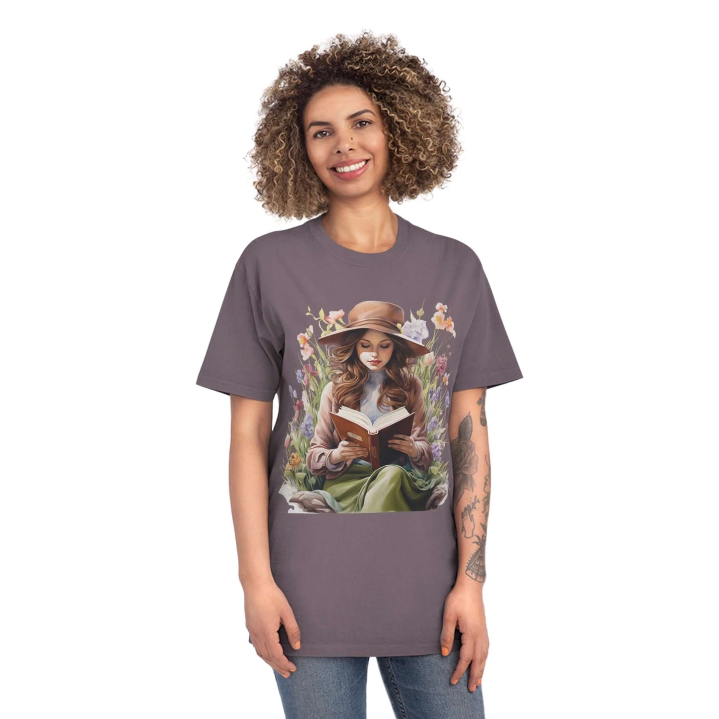 Floral Book Reading Girl Unisex Faded T Shirt