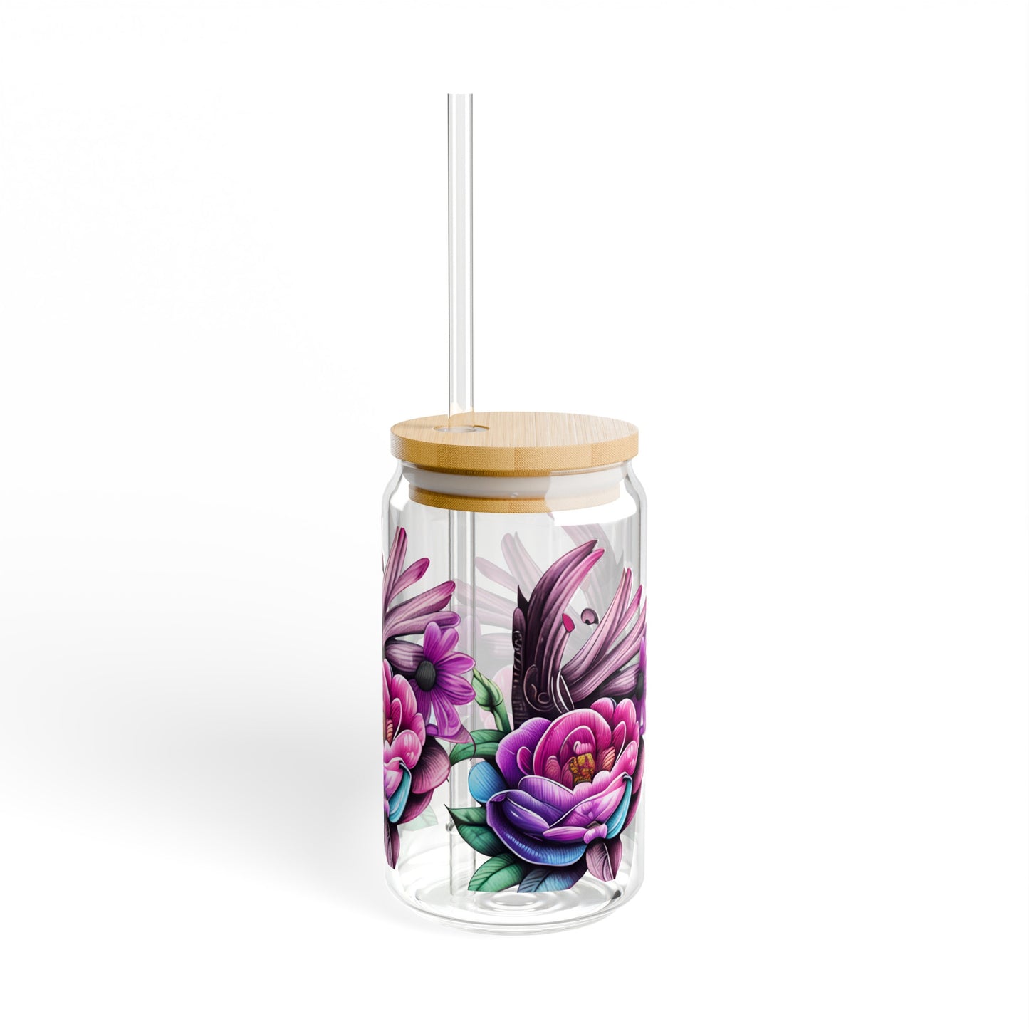 Floral Glass Tumbler with Bamboo Lid & Straw, 16oz - Retro Glass