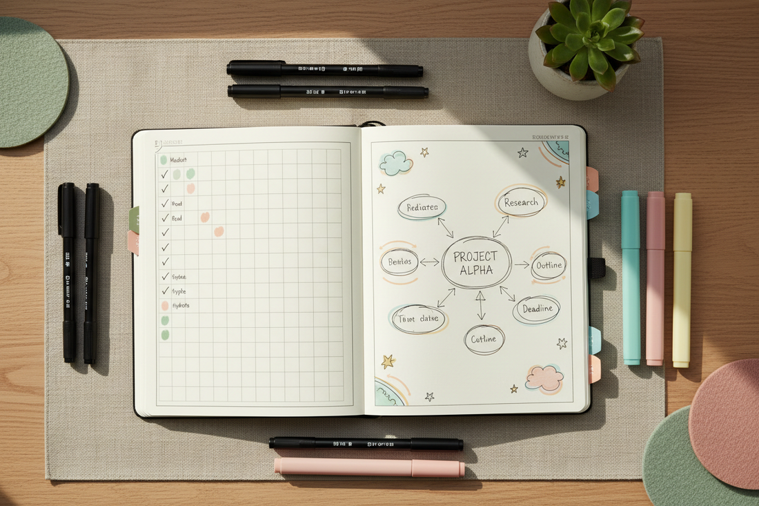  Open undated planner with colourful doodles, habit trackers, and mind-map sketches surrounded by pastel highlighters and fine-tip pens on a warm neutral desk — JOURNAL VENUE