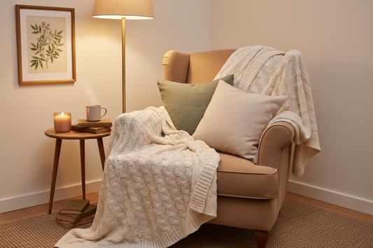 Cosy aesthetic reading nook with a plush armchair, chunky cream throw blanket, ceramic tea mug, glowing candle, and stacked hardcover books in warm floor lamp light — JOURNAL VENUE