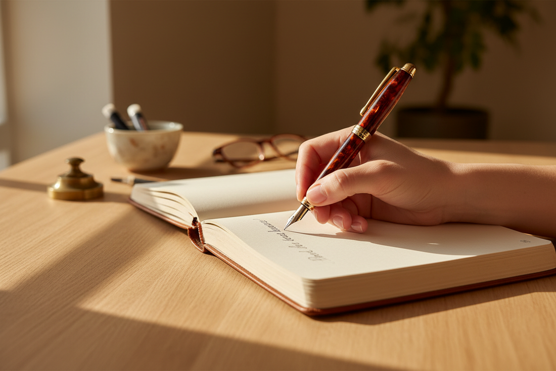 Close-up of a hand writing in a premium journal with a fountain pen — the science of journalling by Journal Venue