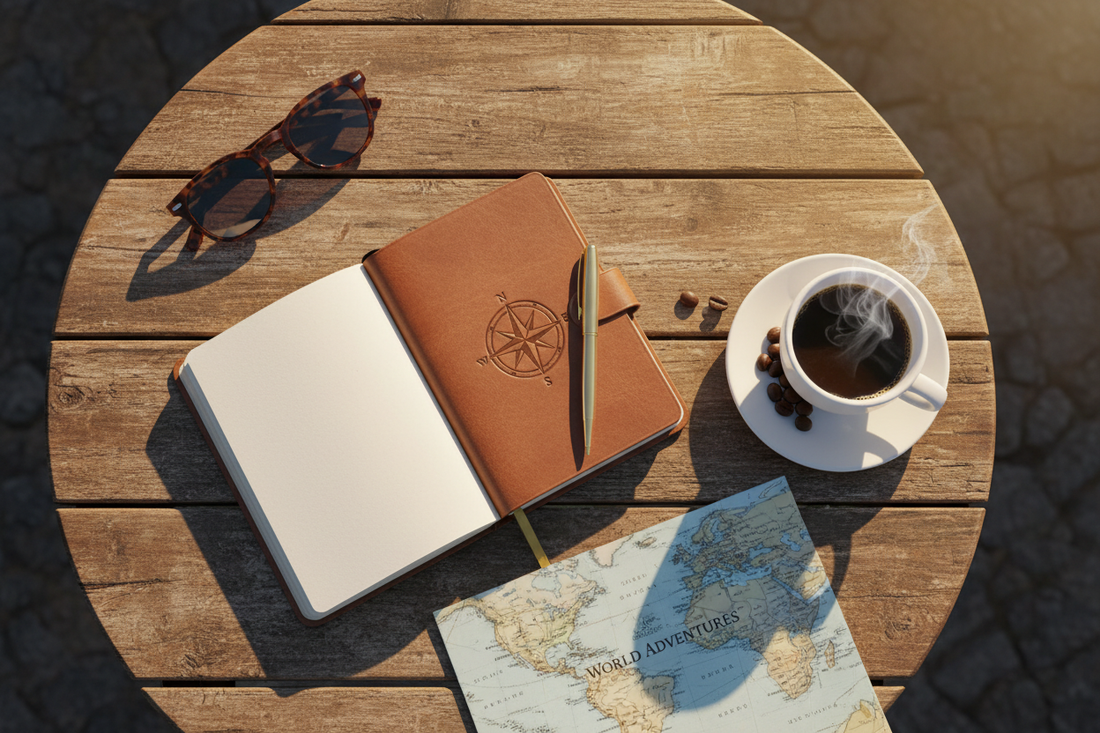 Compact travel journal open on a sunny cafe table with a coffee and sunglasses — Journal Venue summer travel