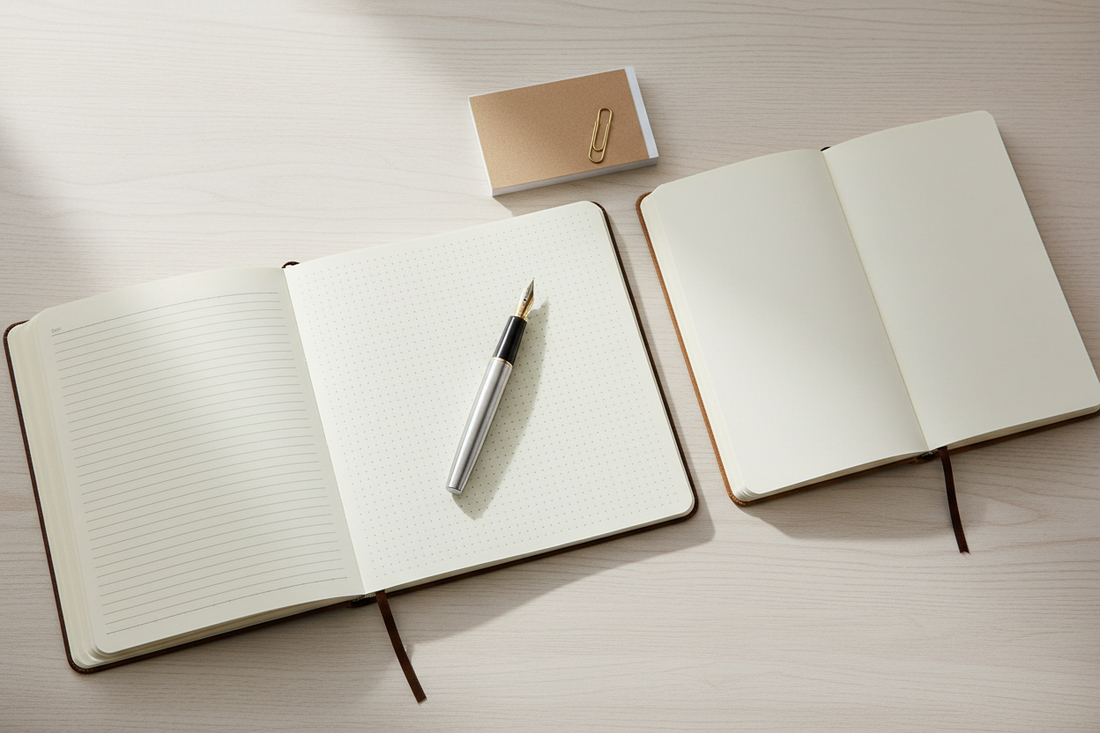 Flat lay of open journals showing lined, dot grid and blank pages on a light wood desk — Journal Venue