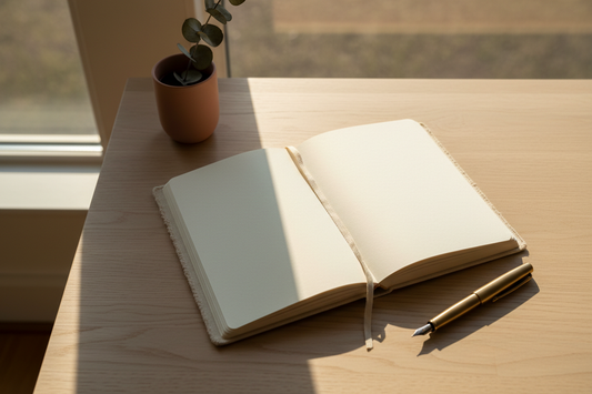 Fresh open journal on a clean desk with a pen ready to write — starting a journalling practice with Journal Venue