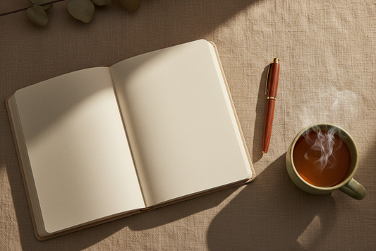  Open hardcover journal with a fine-tip pen and ceramic tea mug on a linen surface in warm morning light — JOURNAL VENUE