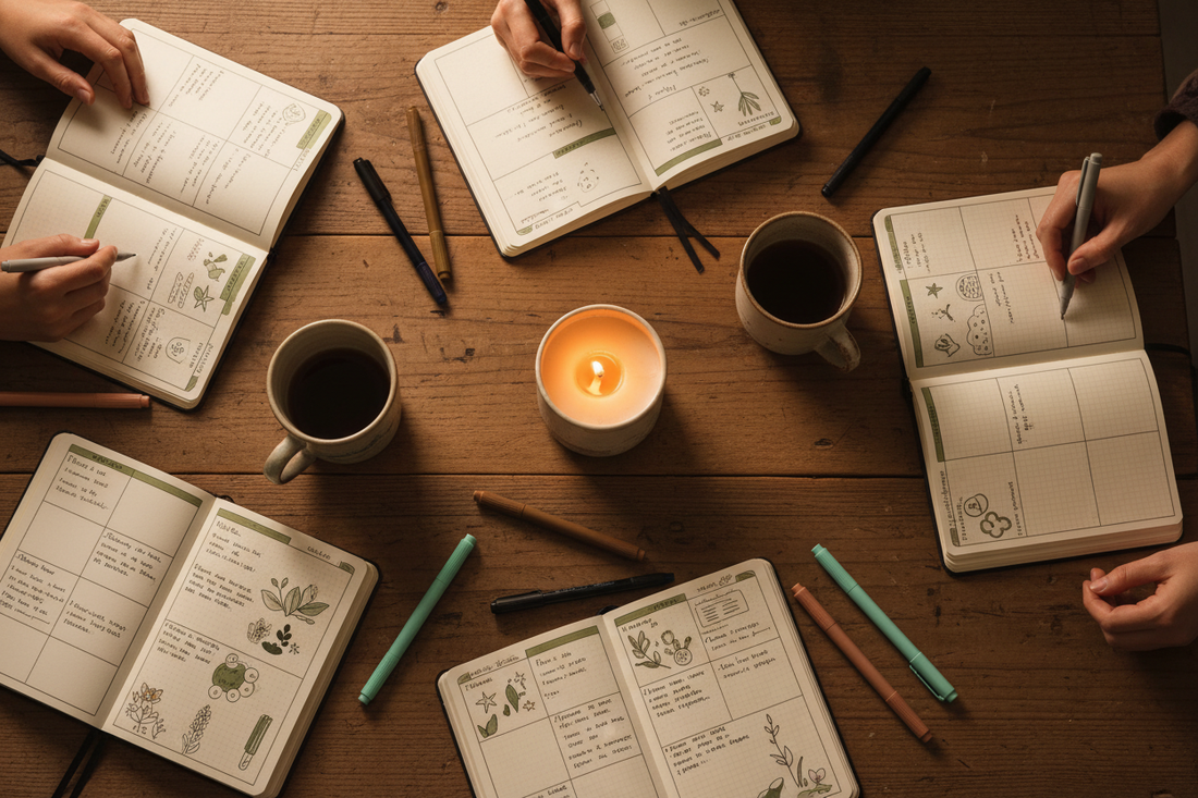 Overhead view of a cosy journal club gathering with open notebooks, hand-drawn layouts, fine-tip pens, pastel highlighters, ceramic mugs, and a glowing candle on a wooden table in warm ambient light — JOURNAL VENUE