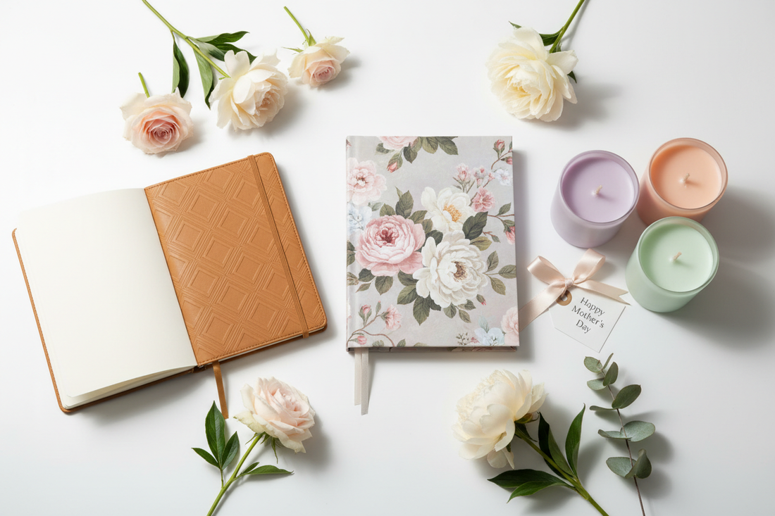 Luxury Mother's Day gift set featuring premium journals, scented candles and spring flowers