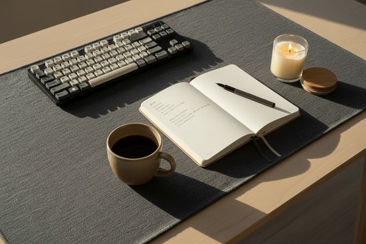 Minimalist home office desk setup with a dark linen desk mat, mechanical keyboard, open hardcover journal, fine-tip pen, ceramic coffee mug, and glowing candle in warm natural light — JOURNAL VENUE