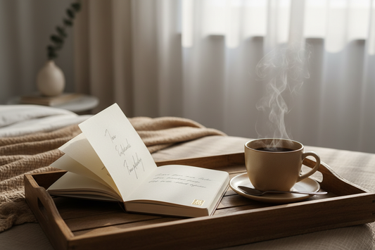 Open premium journal on a breakfast tray beside a steaming coffee cup in soft morning light — Journal Venue