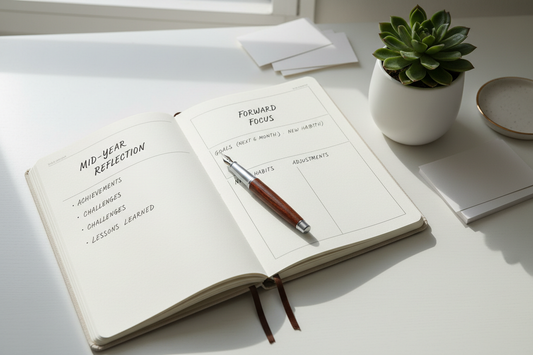 Open journal with a mid-year review spread, pen and small plant on a white desk — Journal Venue