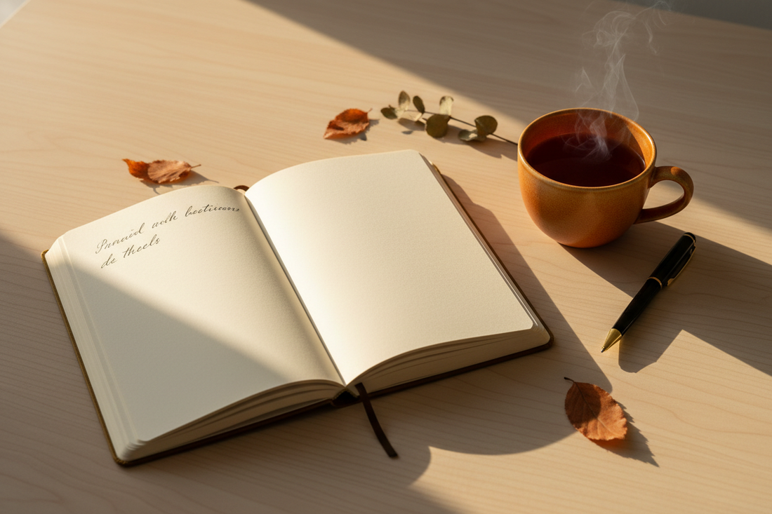 Open journal on a desk beside autumn leaves and a warm cup of tea — autumn reset journalling practice by Journal Venue
