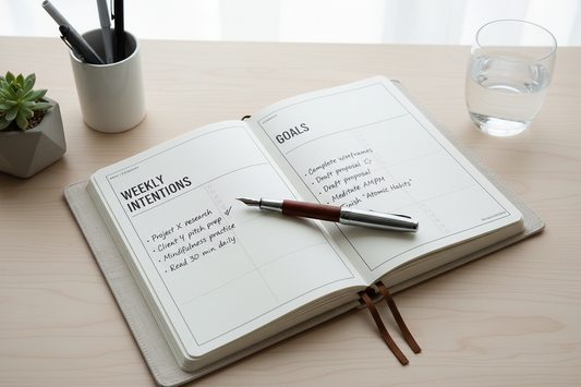 Open productivity planner with weekly goal layout on a clean desk with a pen — Journal Venue