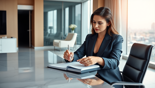 Unique Stationery Trends: Elevating Your Personal and Professional Life with a woman writing in a stylish office setting.