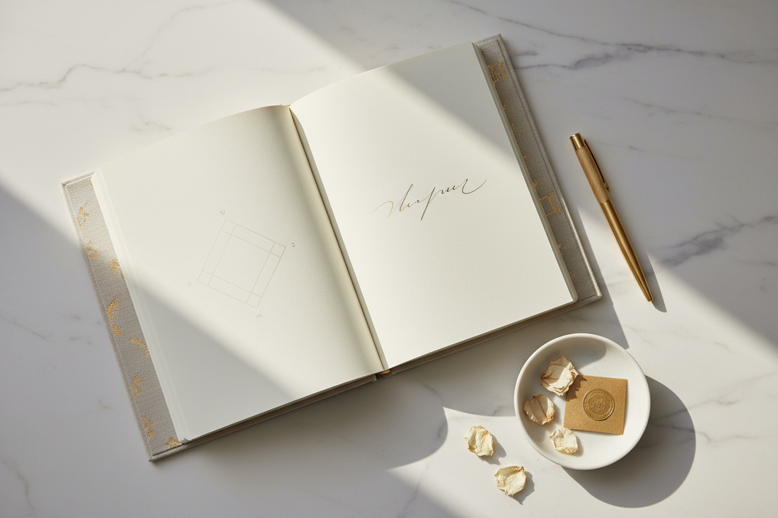 Premium hardcover journal open on a marble desk with a gold pen — Journal Venue