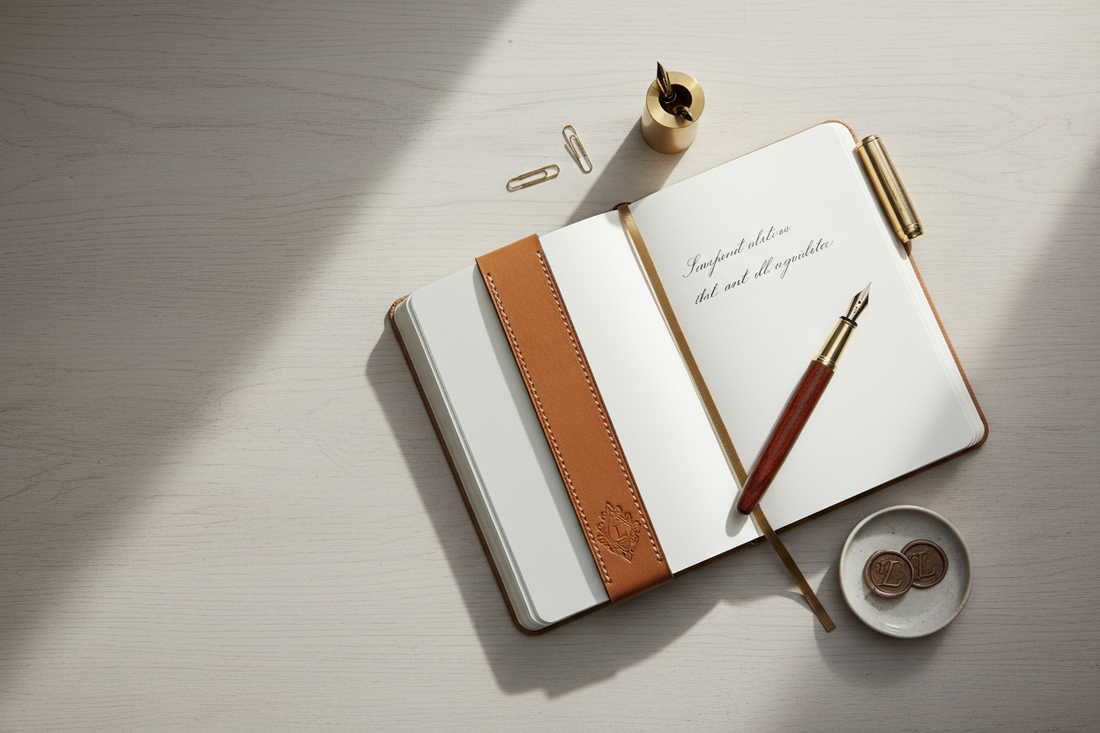 Premium journal open beside a quality fountain pen and leather bookmark on a clean desk — Journal Venue accessories
