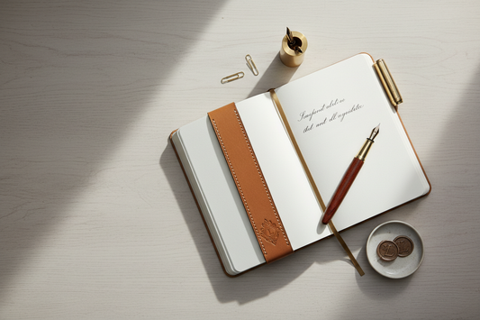 Premium journal open beside a quality fountain pen and leather bookmark on a clean desk — Journal Venue accessories