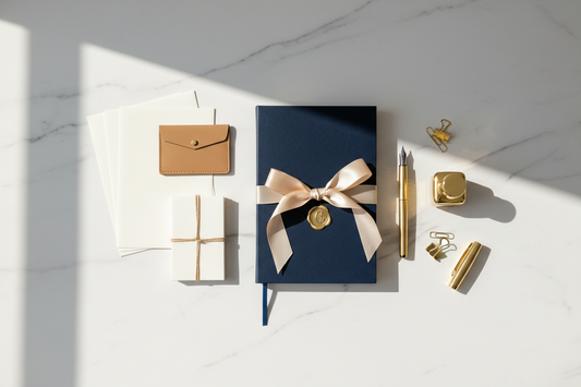 Premium journal gift set with satin ribbon on a white surface — Journal Venue graduation gift