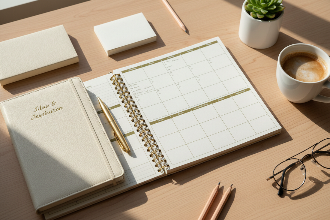 Premium notebook and planner open on a student desk with a pen and coffee — back to school journals by Journal Venue