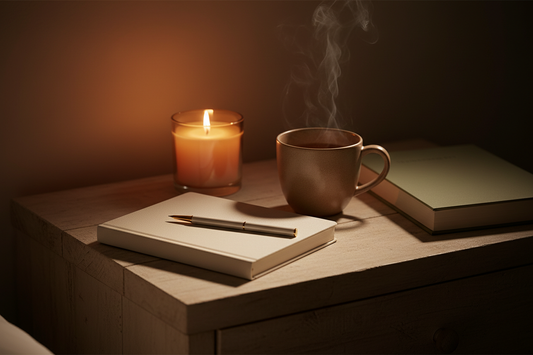 Cosy bedroom nightstand with a closed journal, pen, glowing candle, herbal tea, and a folded book in warm amber light — JOURNAL VENUE