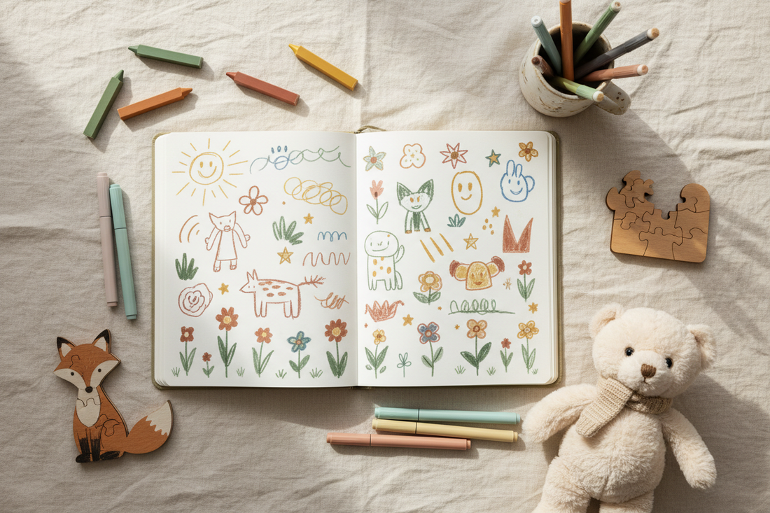 Cosy children's creative activity flat lay with an open kids activity journal, colourful crayons, pastel markers, a wooden puzzle, and a soft plush teddy bear on a linen surface in warm natural light — JOURNAL VENUE