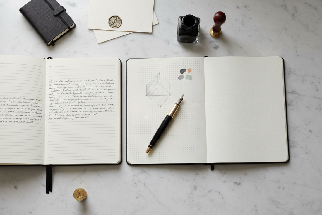 hree open journal pages showing lined, dot grid and blank formats side by side on marble — Journal Venue