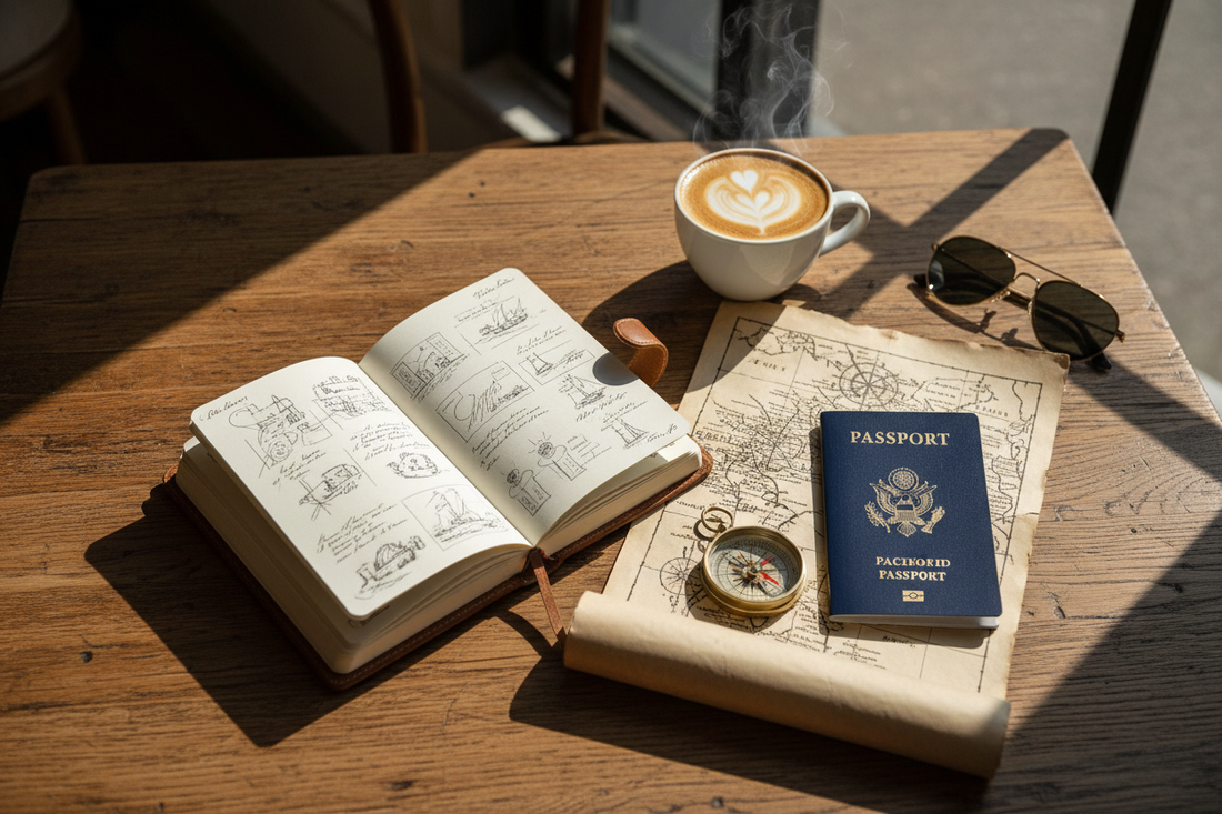 Compact travel journal open on a cafe table beside a vintage map, passport and coffee — Journal Venue