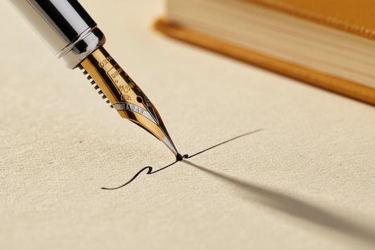 Close-up of a fountain pen nib writing with rich dark ink on thick cream 120gsm paper with zero bleed or feathering, hardcover notebook blurred in background — JOURNAL VENUE