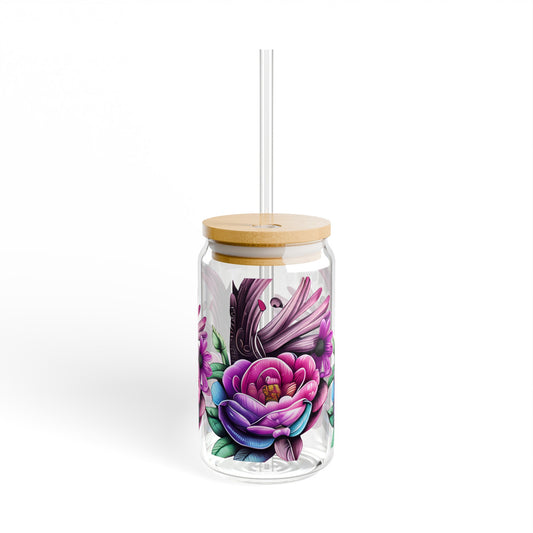 Floral Glass Tumbler with Bamboo Lid & Straw, 16oz - JOURNAL VENUE