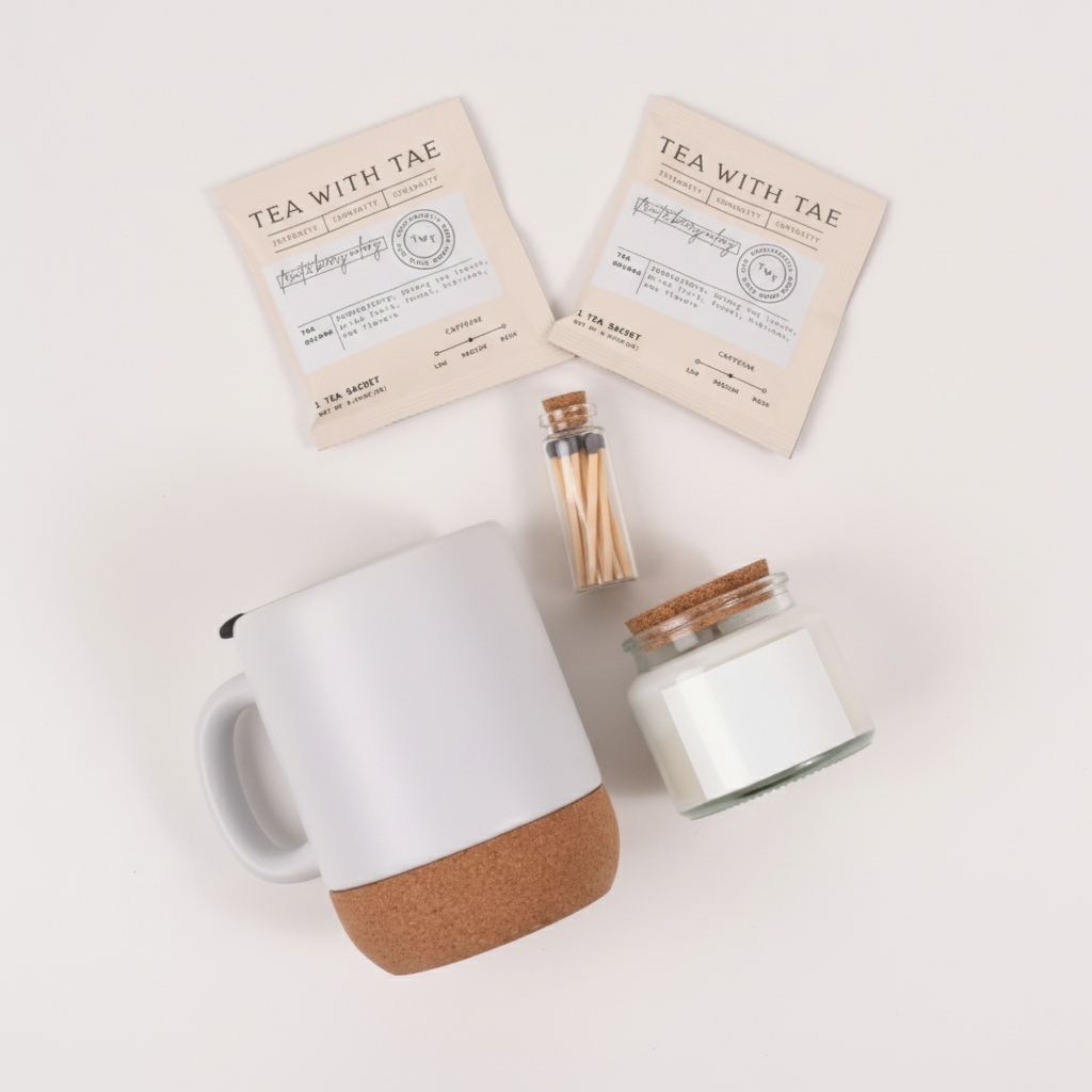 Self-Care & Serenity Gift Box featuring a cozy mug, tea, and candle for relaxation and pampering.