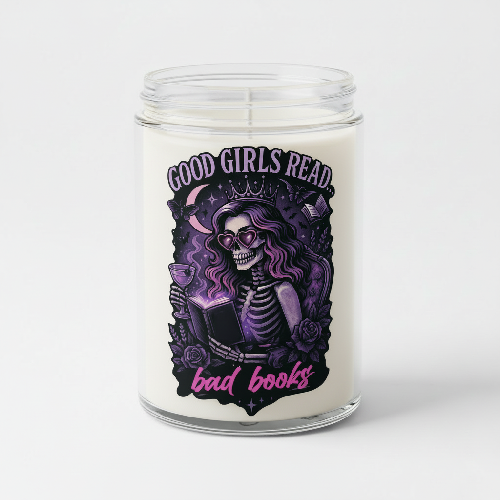 Candle with a skeleton design and text 'Good Girls Read Bad Books' on a white background - Journal Venue