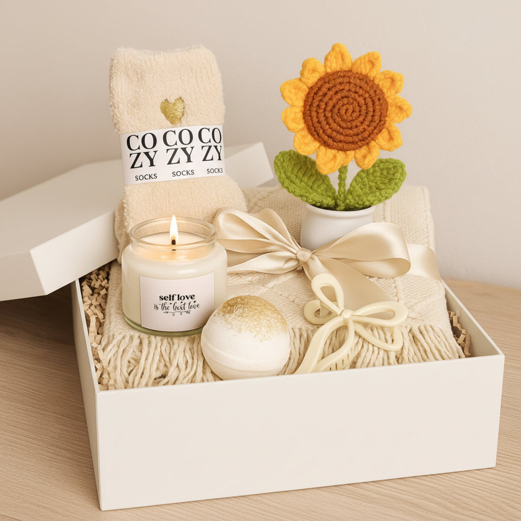 Candle, bath bomb, and decorative sunflower with a blanket on a wooden surface - Journal Venue
