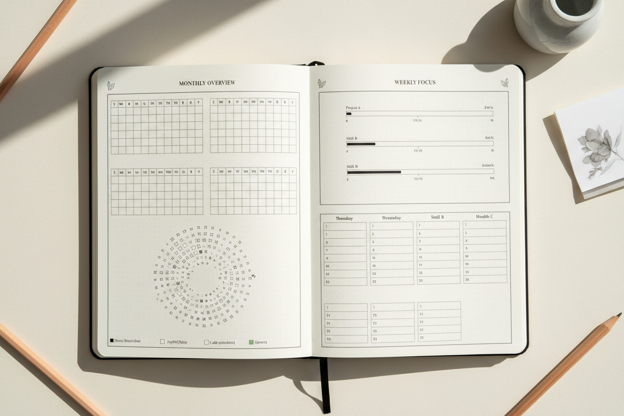 Interior page spreads showing vitamin and supplement tracking layouts with daily logs