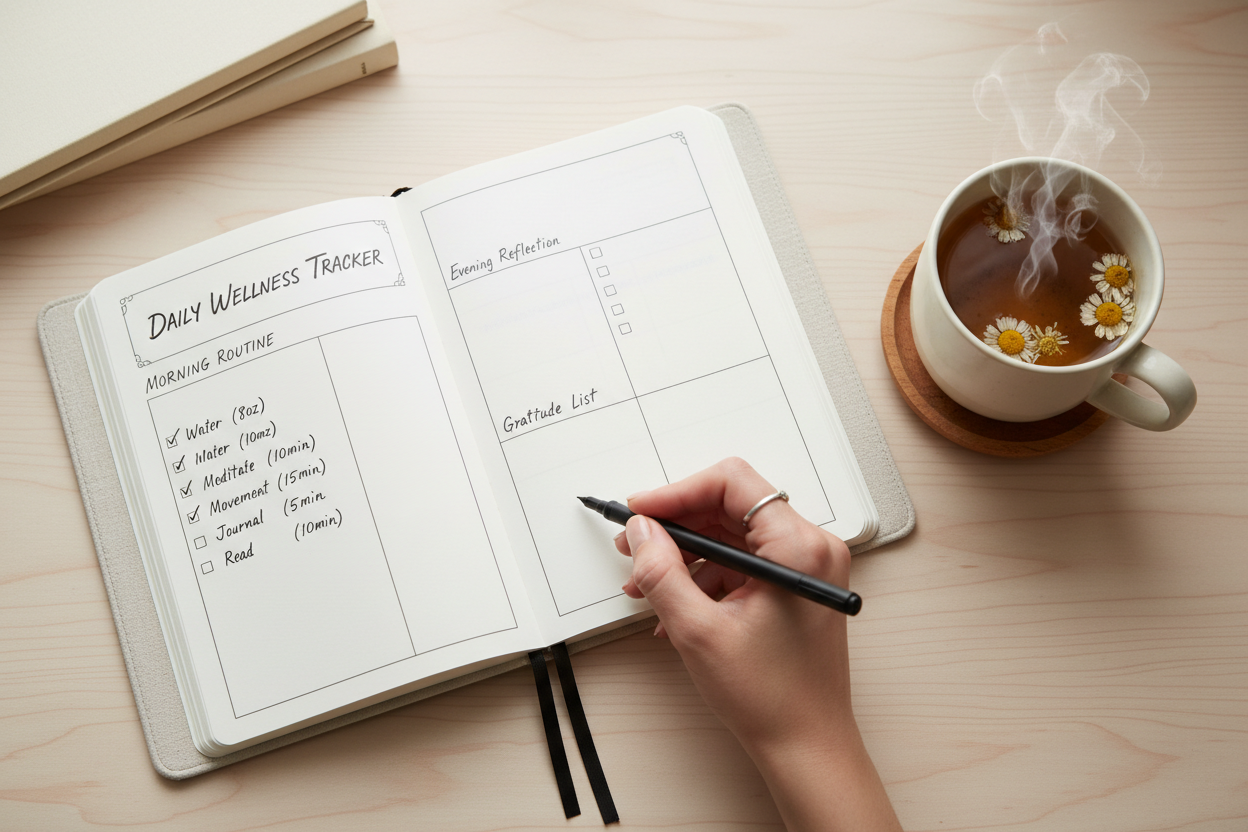 Person logging daily vitamins and supplements in health tracker journal