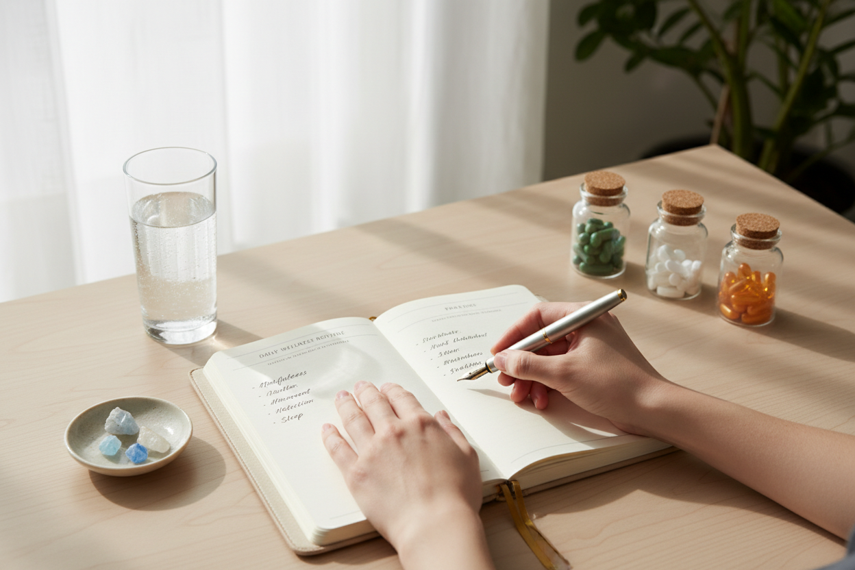 Lifestyle shot of wellness journal for tracking vitamins and supplements routine