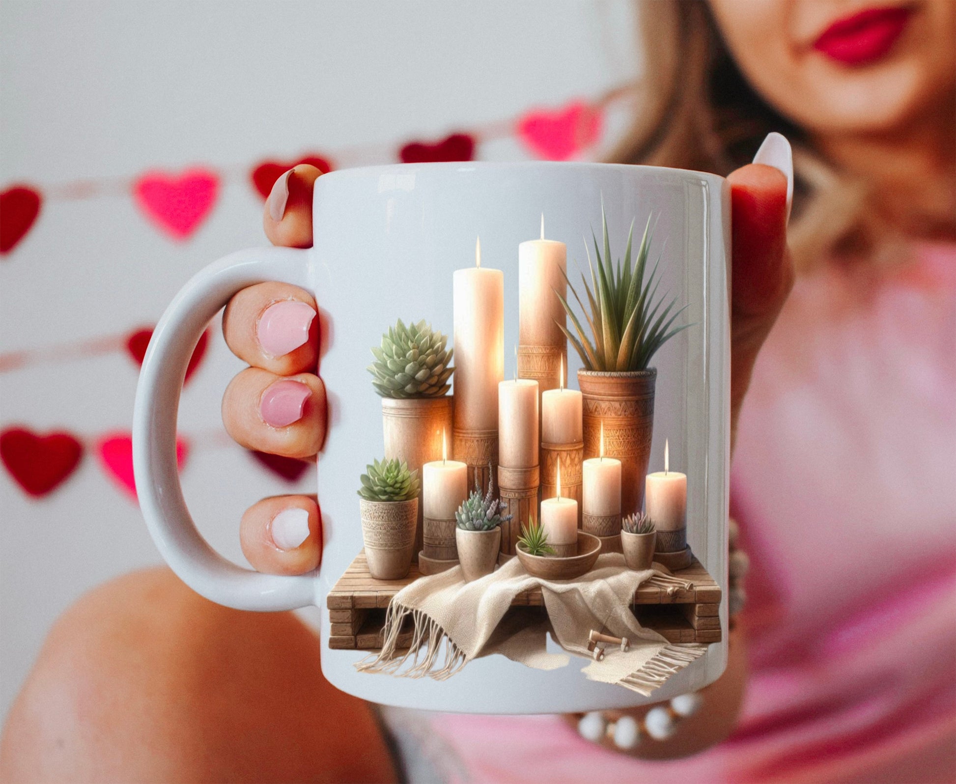 Cozy Home Candle & Mug Gift Set featuring a decorated mug with candles and plants design.