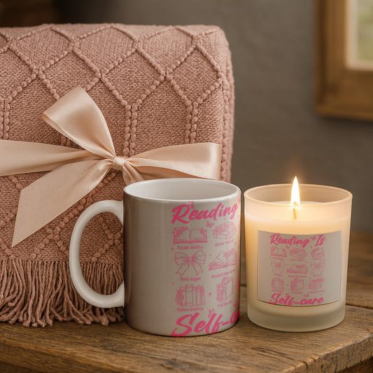 Reading is Selfcare Candle with Mug & Blanket Gift Set featuring a blush blanket, mug, and candle on a rustic table.