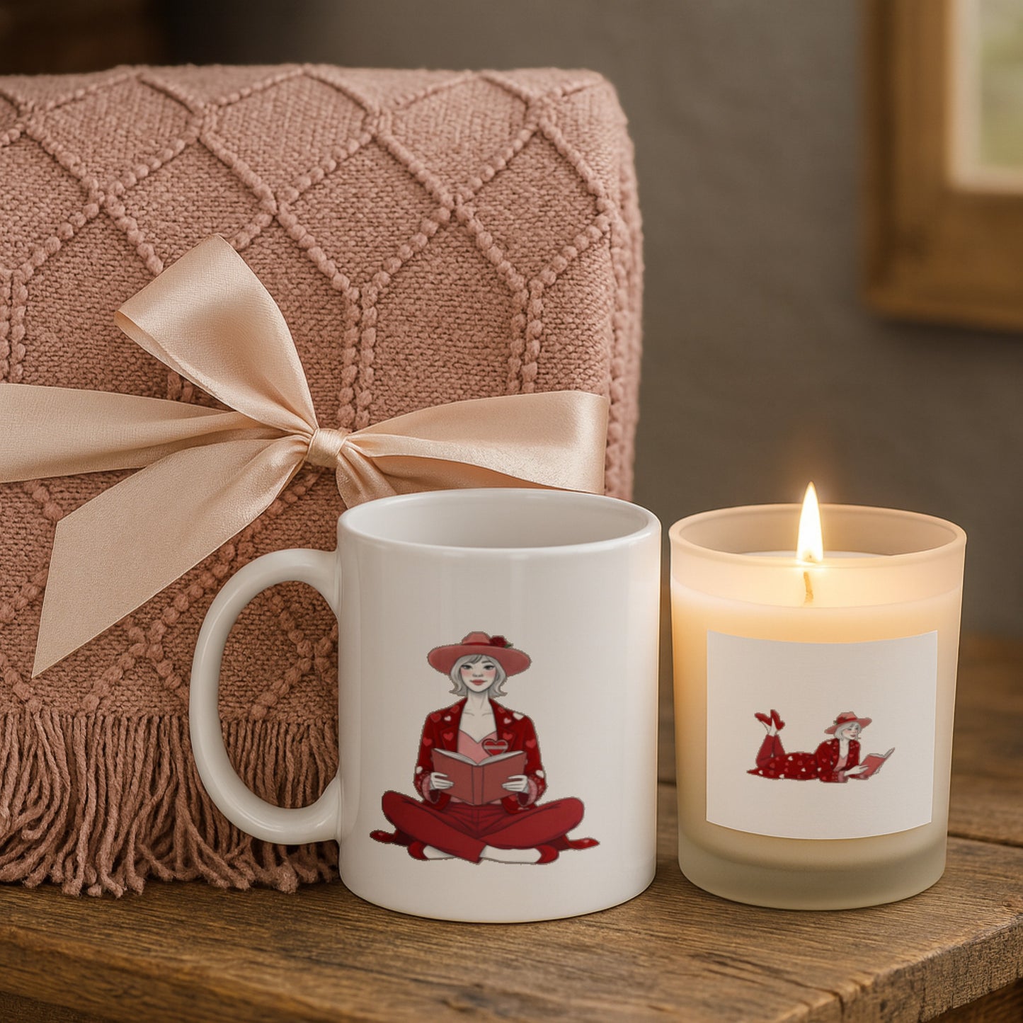 Bookish Lady Candle with Mug & Blanket Gift Set featuring a pink blanket, a reading mug, and a lit candle.