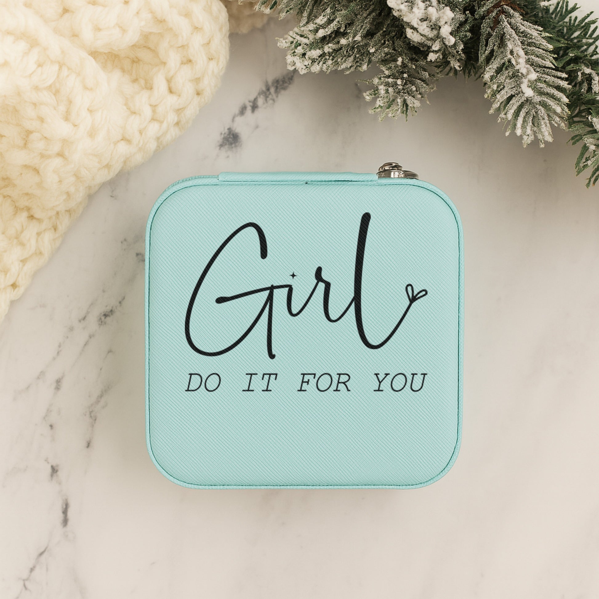 Self Love Dream & Wander Set jewelry travel box with motivational quote 'Girl Do It For You' in mint color.