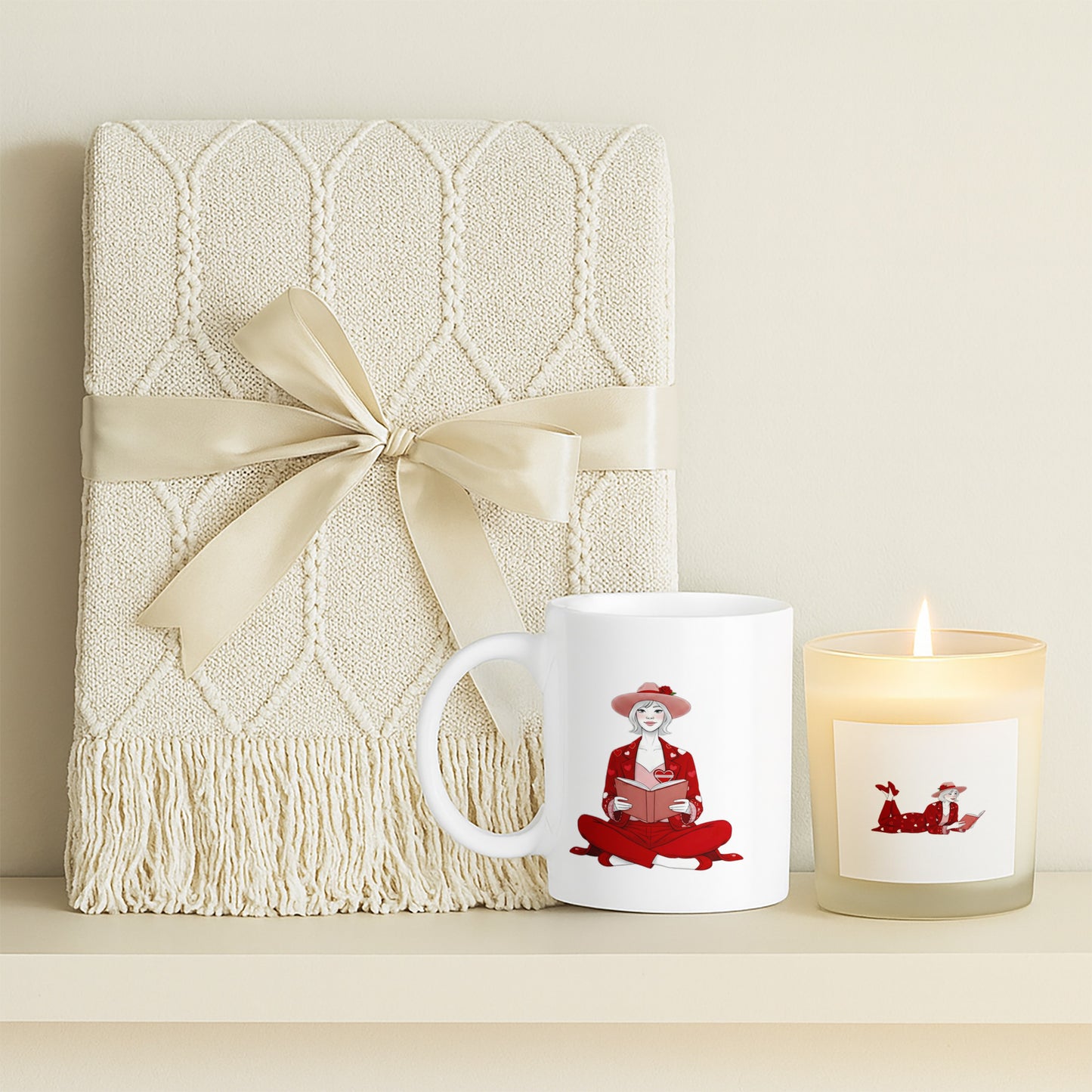 Bookish Lady Candle with Mug & Blanket Gift Set featuring a soft blanket, decorative mug, and lit candle.