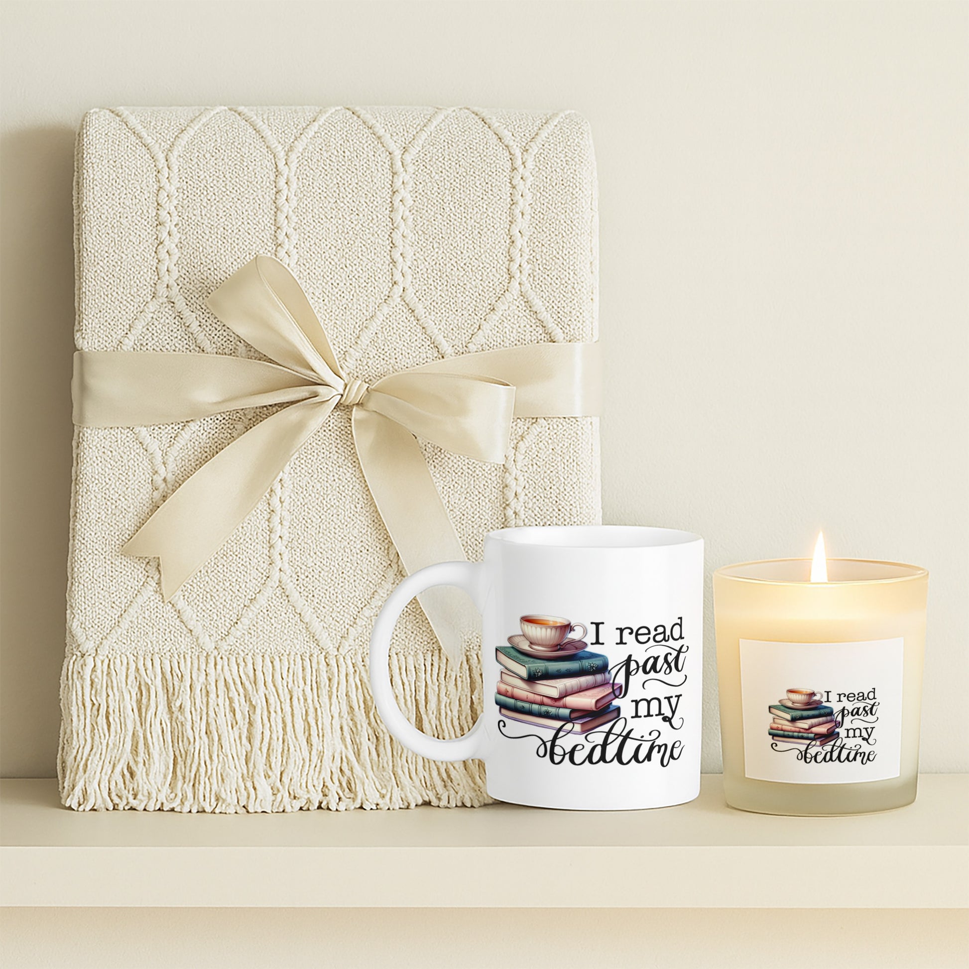 Book Nerd Bedtime Candle with Mug & Blanket Gift Set featuring a soft blanket, decorative mug, and candle.