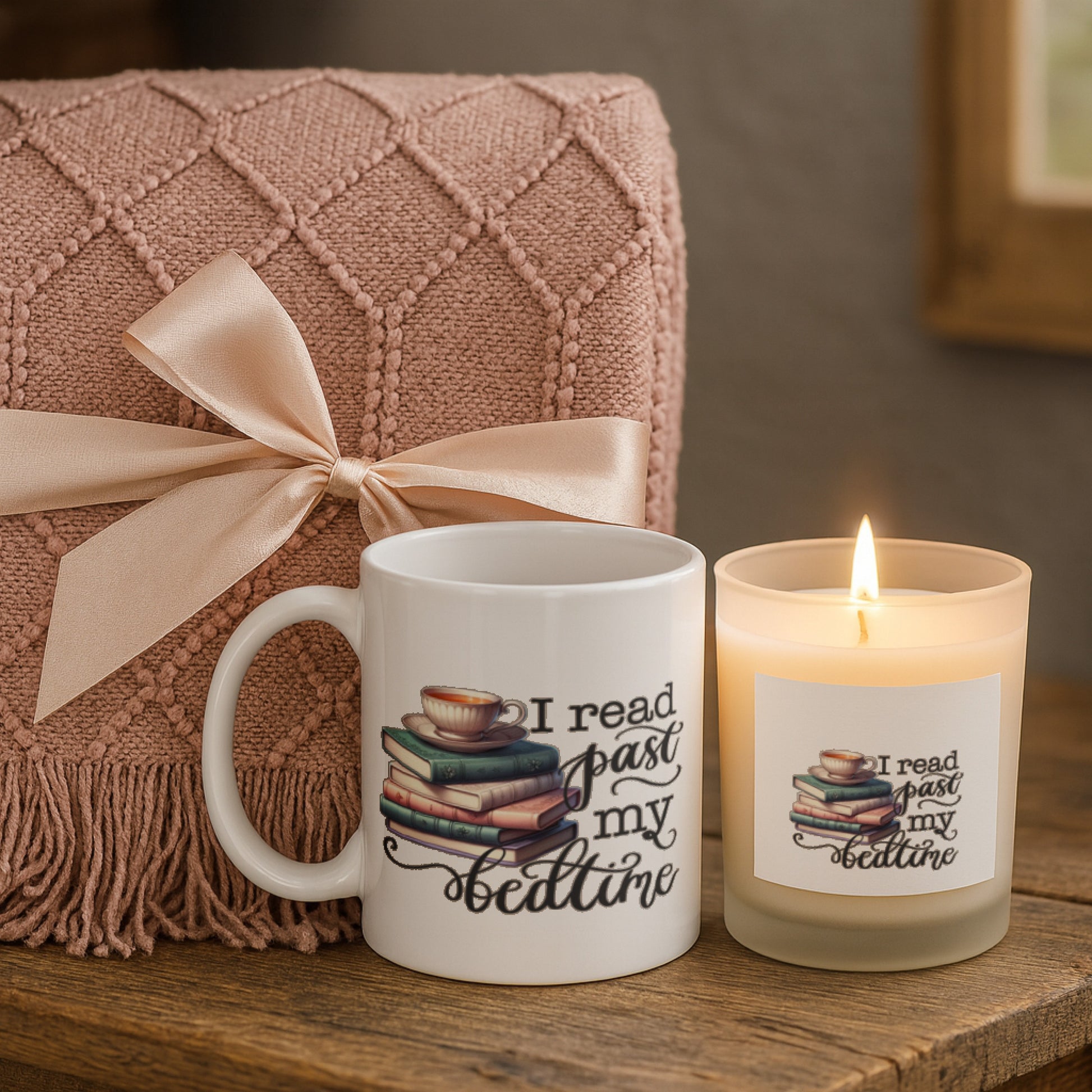 Book Nerd Bedtime Candle with Mug & Blanket Gift Set featuring a cozy blanket, mug, and candle.
