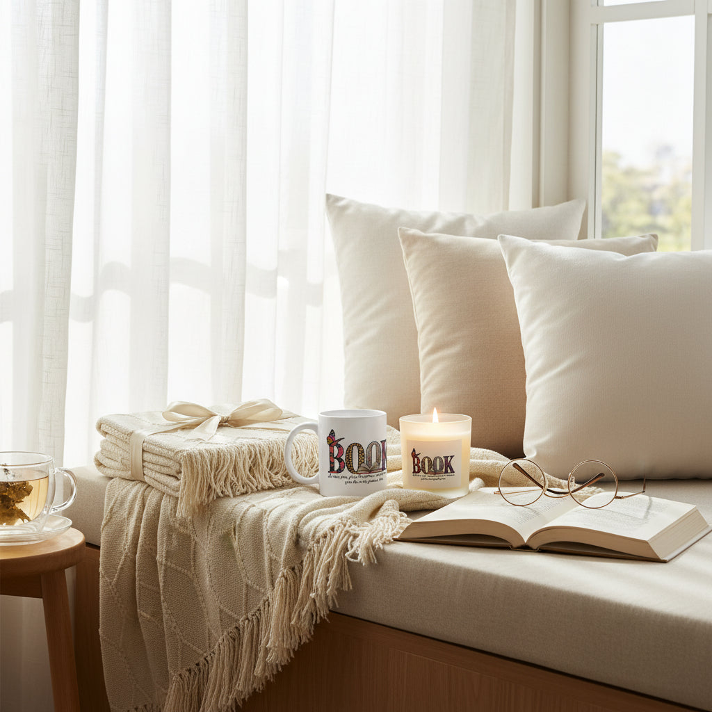 Book Reading Candle with Mug & Blanket Gift.- Journal Venue
