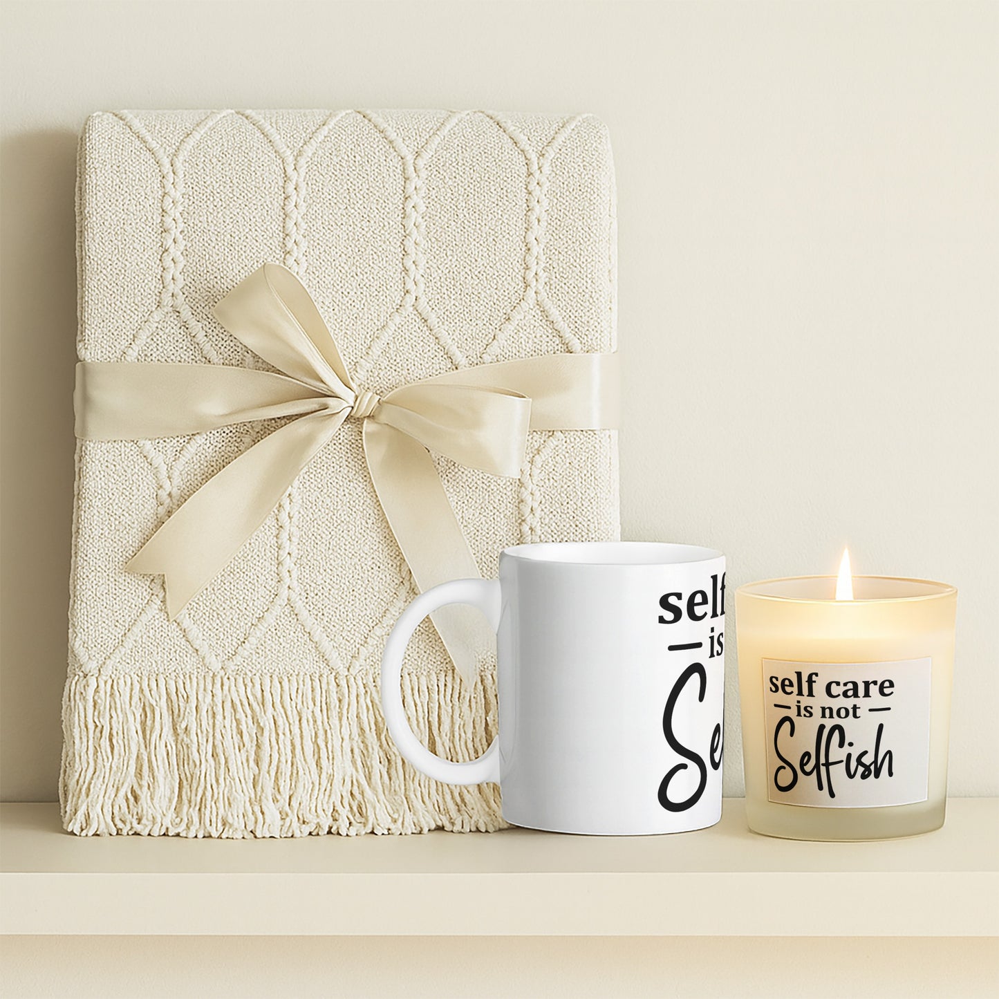 Self Care Candle with Mug & Blanket Gift Set featuring a soft blanket, mug, and candle.