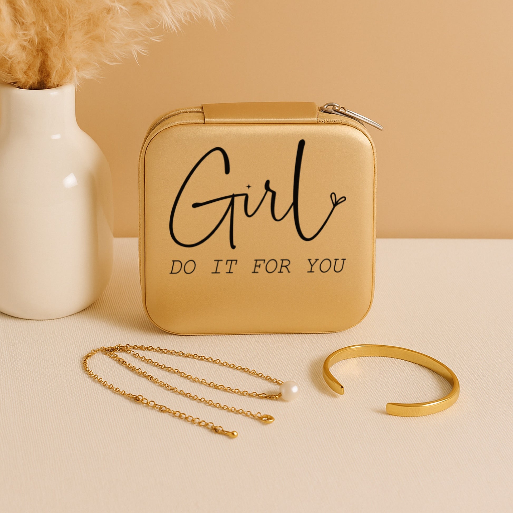 Self Love Dream & Wander Set featuring a gold jewelry box, delicate chains, and a cuff bracelet.