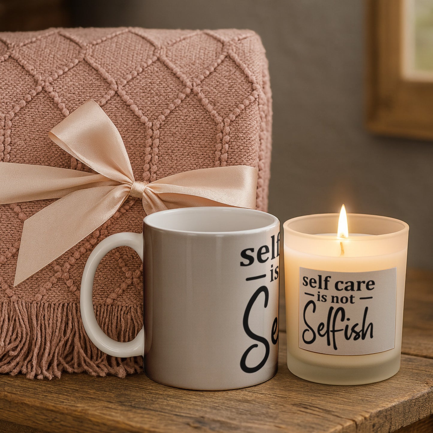 Self Care Candle with Mug & Blanket Gift Set featuring a cozy blanket, a mug, and a candle with a self-care message.