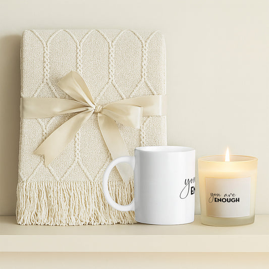 Mental Wellbeing Candle with Mug & Blanket Gift Set featuring soft blanket, mug, and candle with inspirational message.
