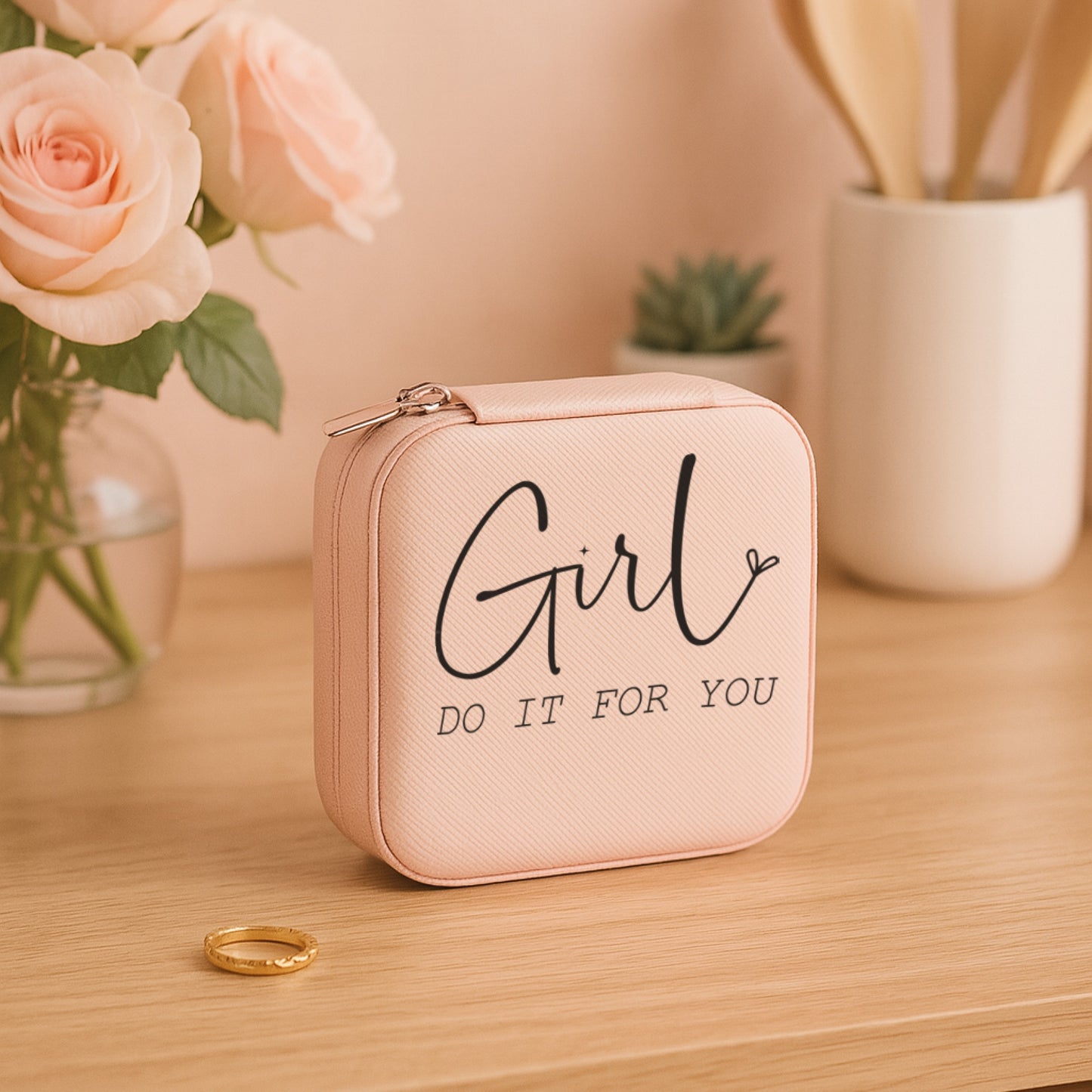 Self Love Dream & Wander Set jewelry travel box with motivational text and roses in a serene setting.