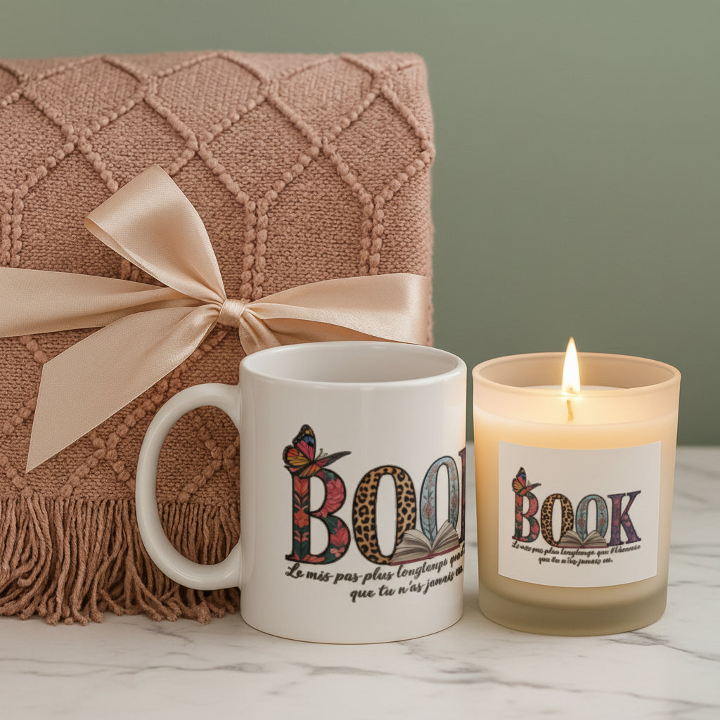 Book Nerd Candle with Mug & Blanket Gift Set featuring a cozy blanket, decorative mug, and glowing candle.- Journal Venue