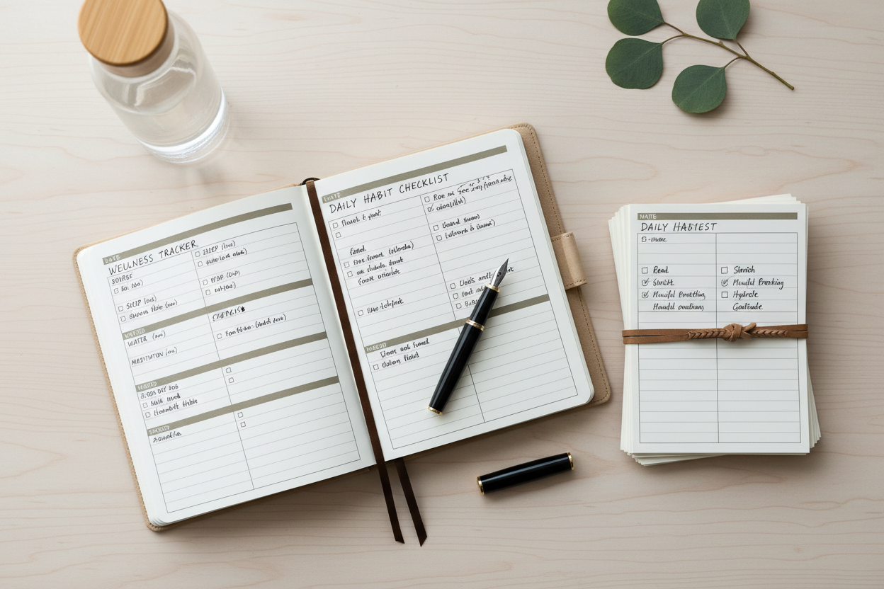 Stack of health tracker journal pages for organizing vitamin and supplement schedule